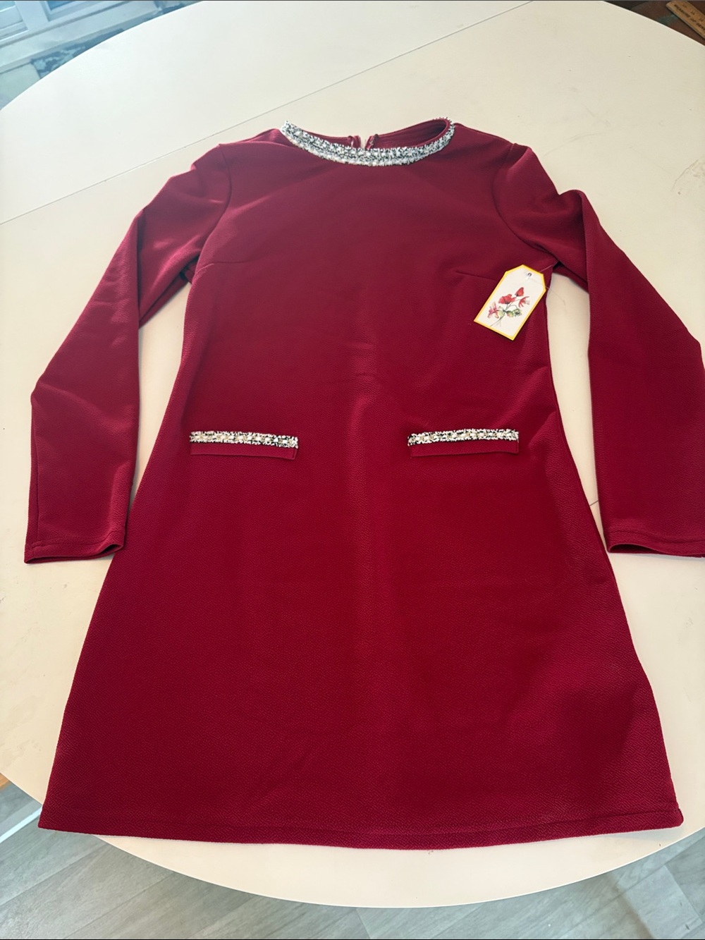 Embellished Burgundy Long-Sleeve Shift Dress